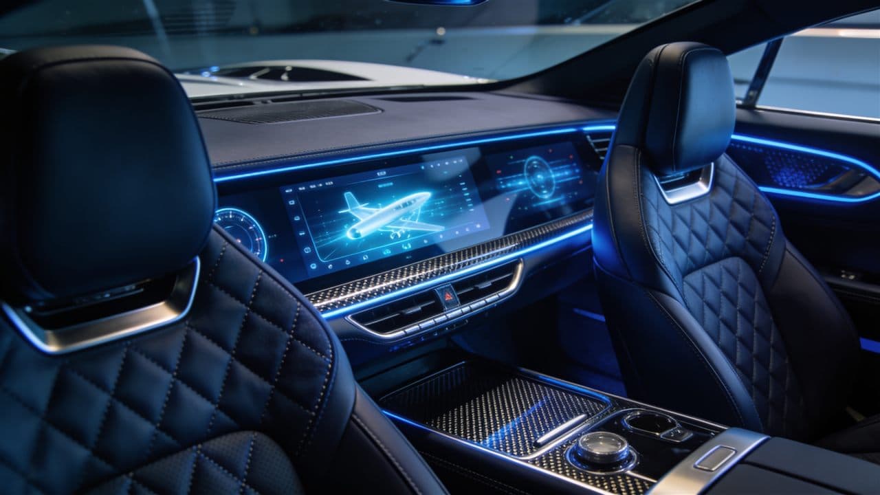 Hand-stitched leather interior and digital cockpit of a LuxJet jet car boat