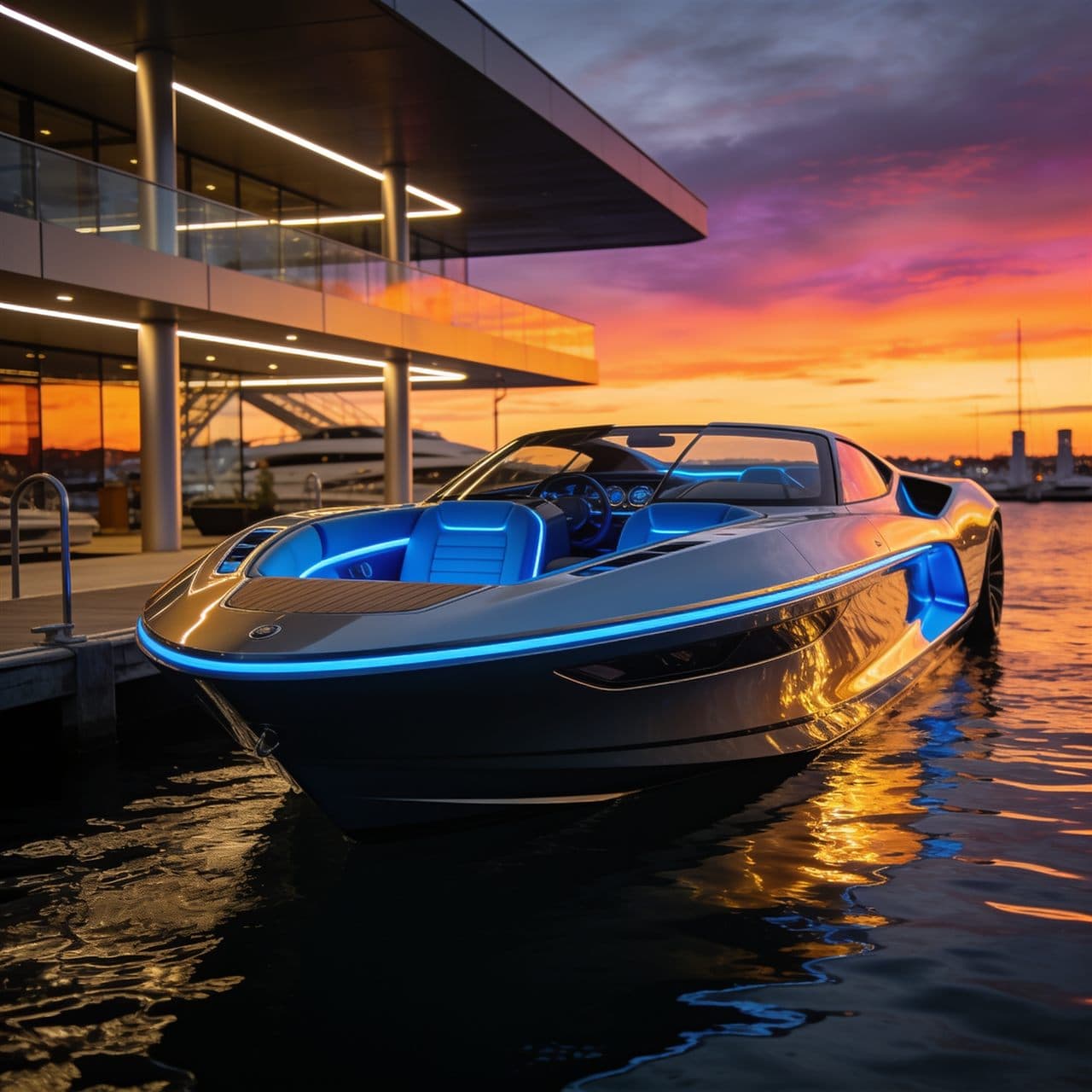 Luxury LuxJet jet boat docked at a Sydney marina at sunset