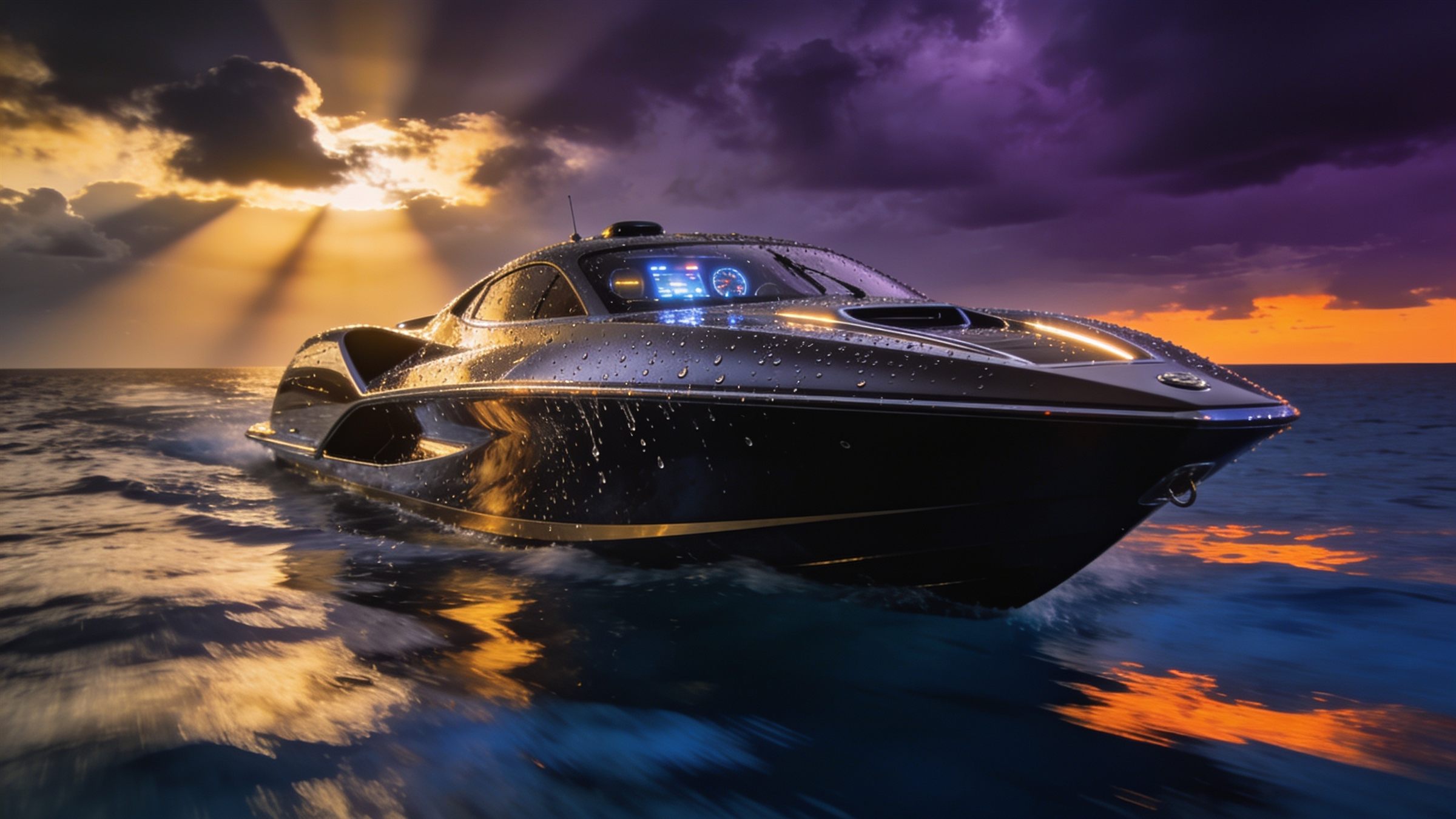 Wide cinematic shot of a luxury jet car boat cruising into a vivid sunset on calm ocean, lens flare, premium lifestyle campaign, ultra realistic, 8K