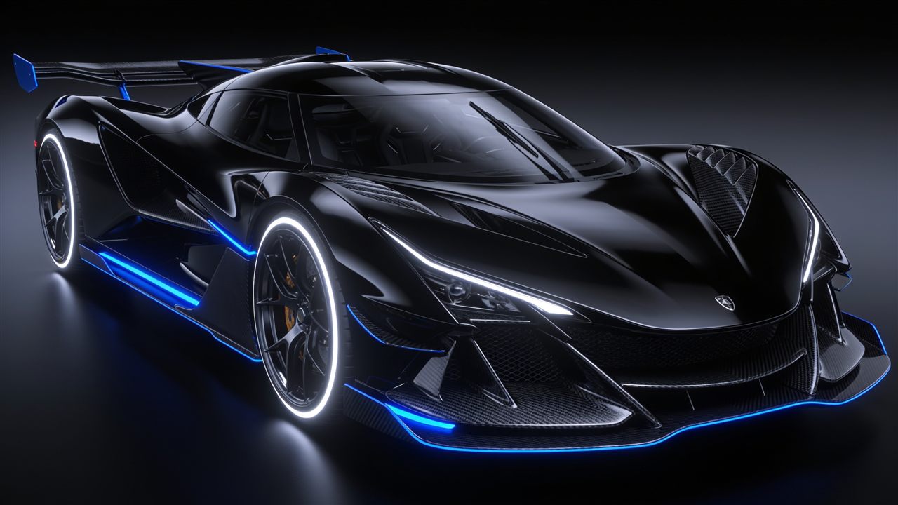 Hyper-detailed luxury jet car boat exterior, exotic supercar body lines, forged carbon fiber accents, glossy obsidian paint with electric blue underglow, studio lighting on black, automotive design showcase, photorealistic, 8K