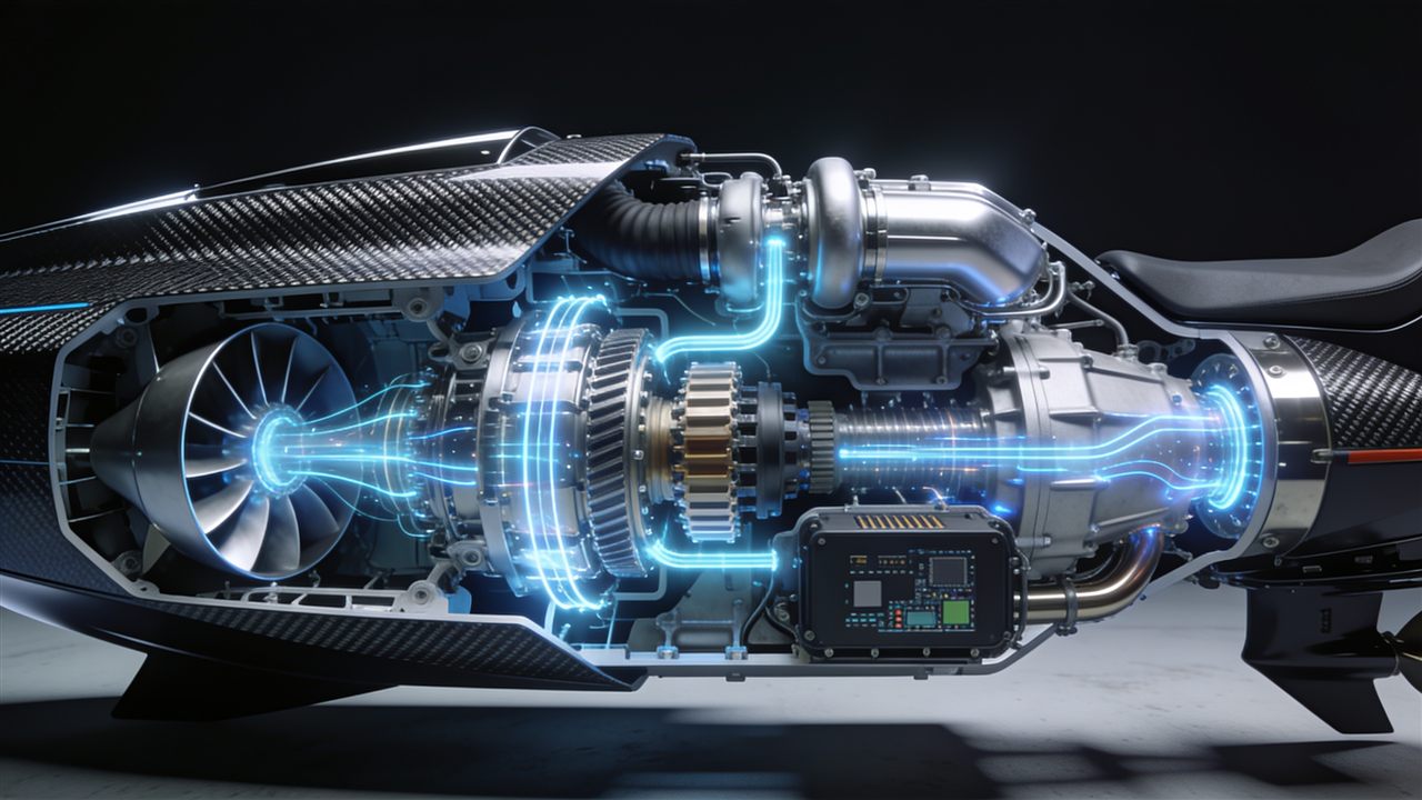 Cutaway engineering visualization of a high-performance marine jet powertrain, glowing electric blue energy lines, carbon fiber and machined aluminum, technical luxury, dramatic rim lighting, photorealistic, 8K