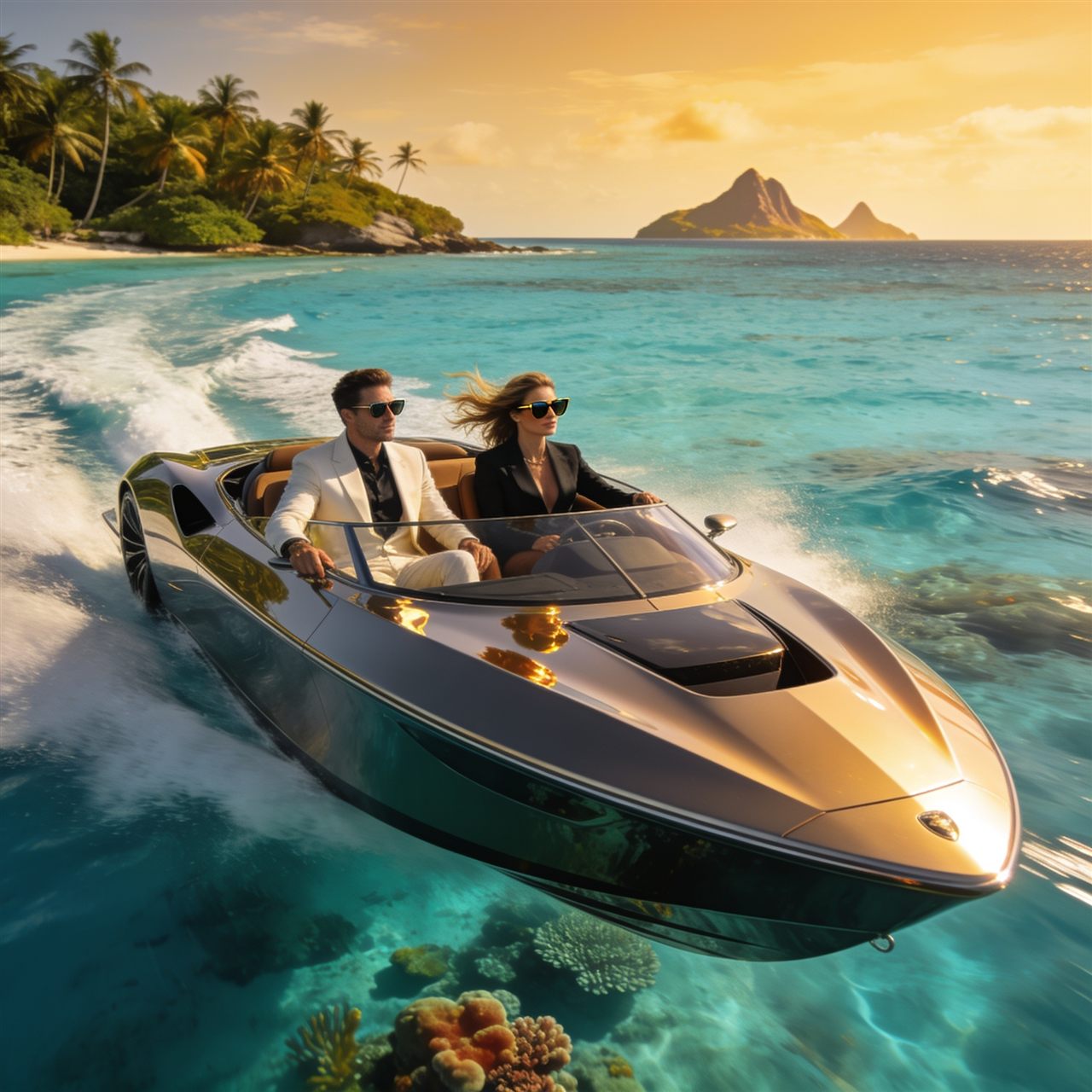 Luxury owners enjoying a jet car boat near tropical islands, cinematic luxury lifestyle photography, premium travel campaign, ultra realistic, 8K