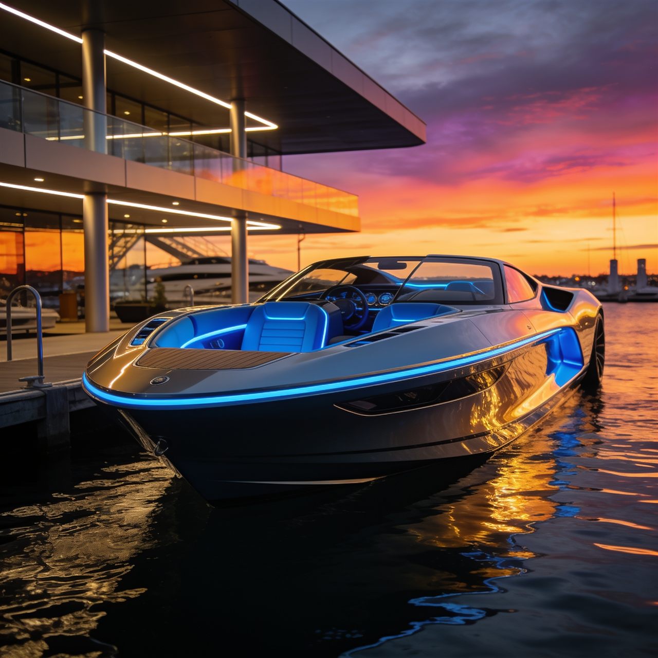 Luxury jet car boat docked at a modern marina at sunset, cinematic architecture, premium automotive style photography, ultra realistic, 8K