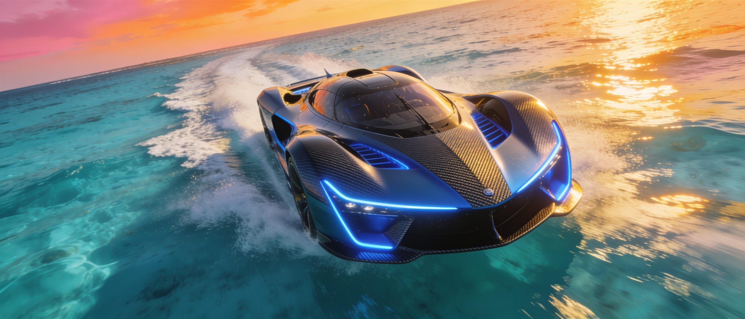 Ultra-realistic luxury jet car boat inspired by exotic supercars, racing across crystal-clear turquoise ocean water at sunset, cinematic drone shots, dramatic lighting, reflections on water, luxury lifestyle, high-end commercial advertisement, 8K, photorealistic, premium automotive cinematography, slow motion splashes, luxury brand commercial