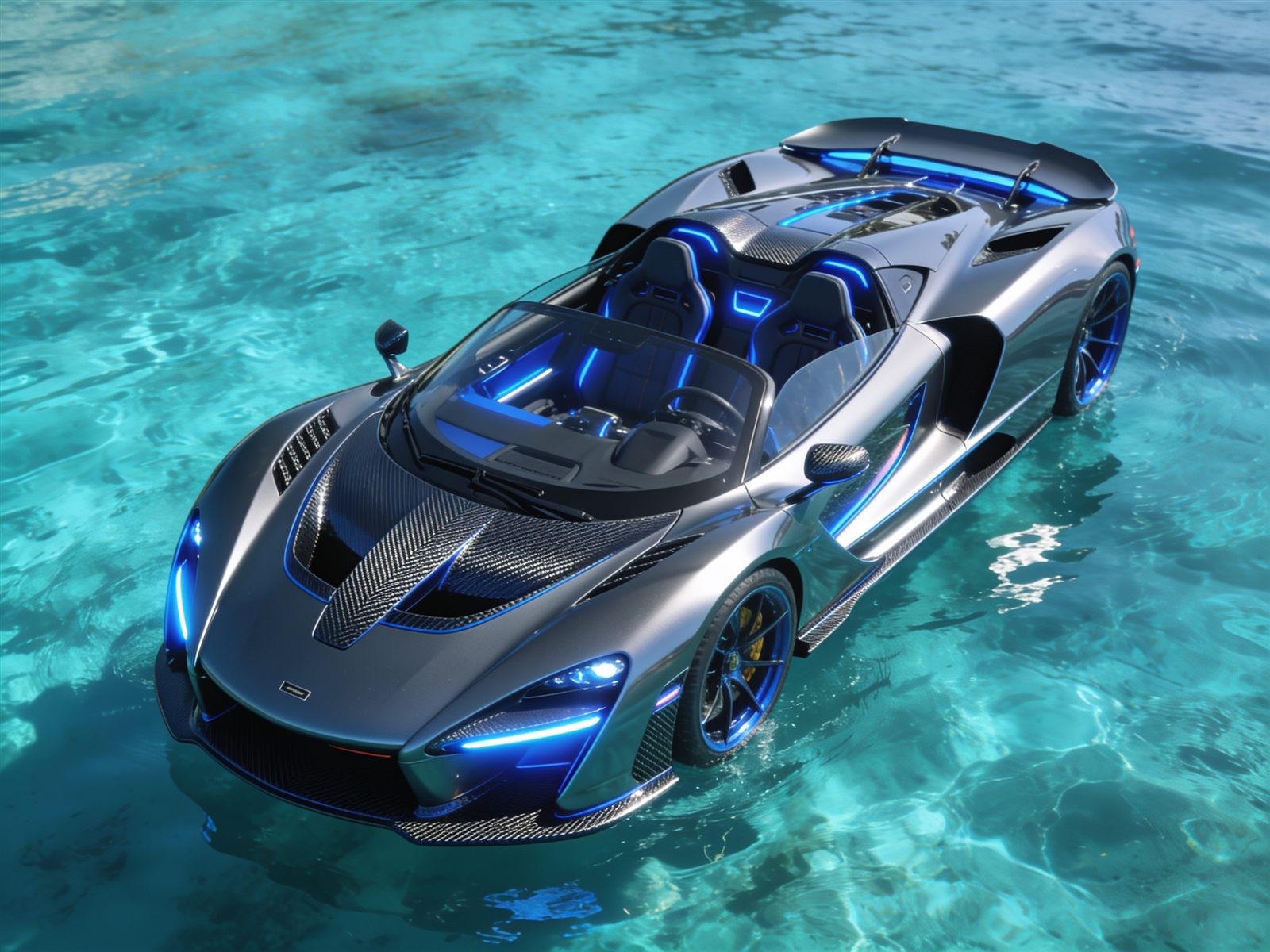 Luxury jet car boat Series R, exotic supercar styling in metallic graphite, floating on crystal-clear turquoise water, premium commercial photography, dramatic reflections, luxury lifestyle marketing image, ultra realistic, cinematic lighting, 8K
