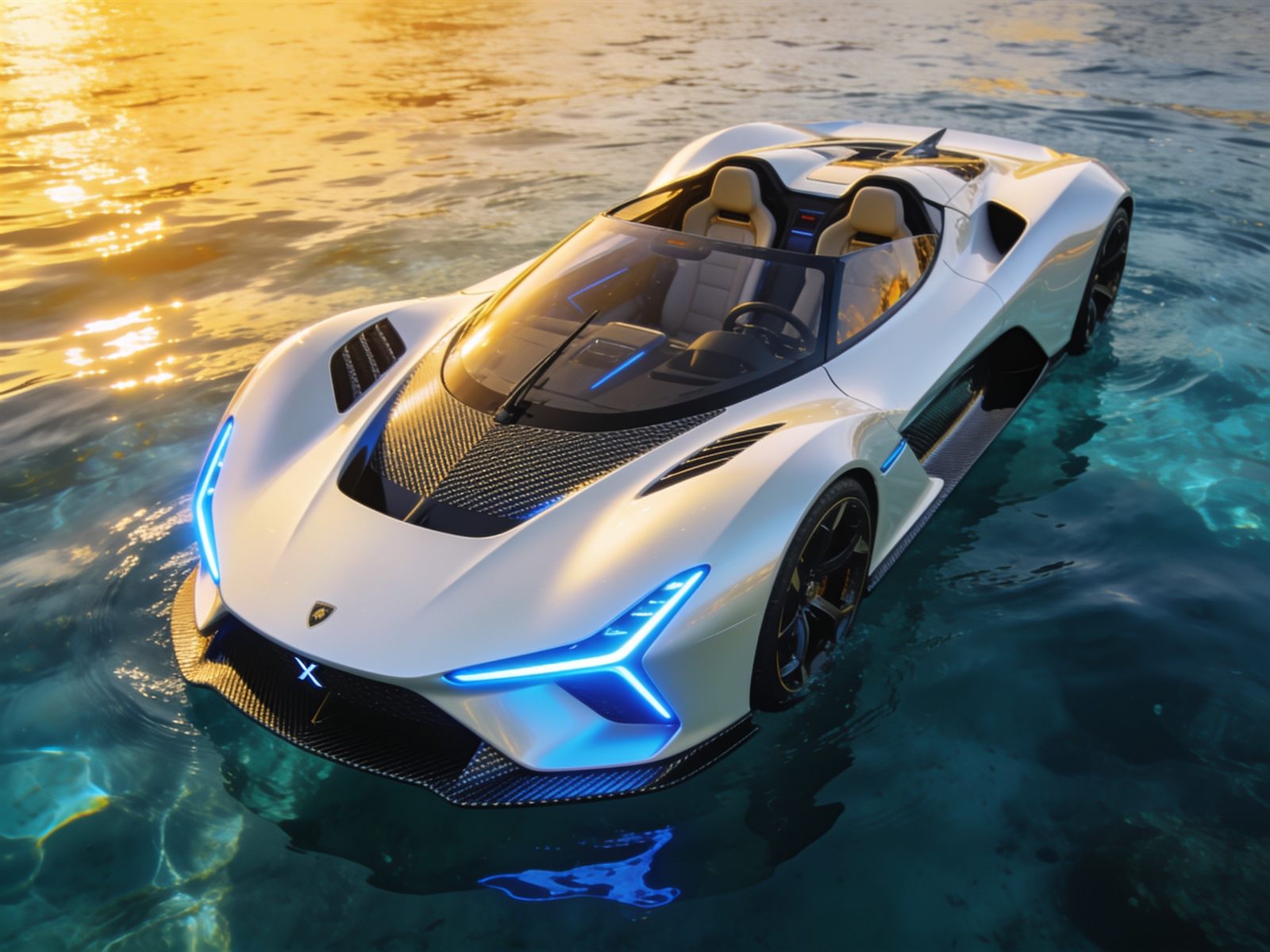 Luxury jet car boat Series X, pearl white, golden hour, photorealistic, 8K